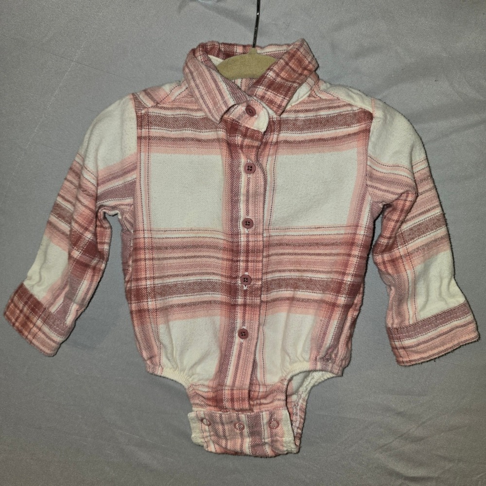 Outdoor Kids Flannel Bodysuit 3-6M Baby Pink Cream Plaid Snap Bottom Onesie